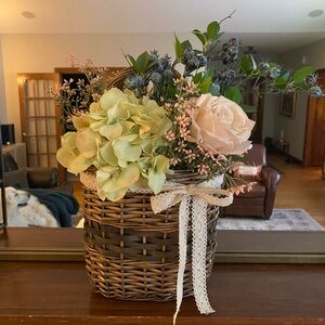 Handmade Wicker Basket Floral Arrangement - Cream, Green, Pink